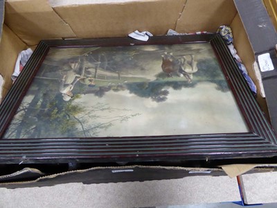 Lot 5460 - (1) Box containing a print with horses, brass...