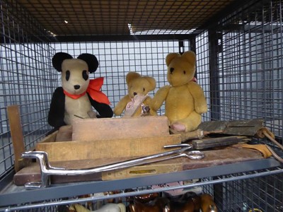 Lot 5515 - Cage containing 3 vintage teddy bears,...