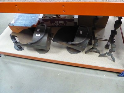 Lot 5474 - 2 helmet coal scuttles, bellows, door stop and...