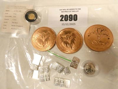 Lot 2090 - Battle of Britain 14ct gold 0.5g coin, 3x 1oz...