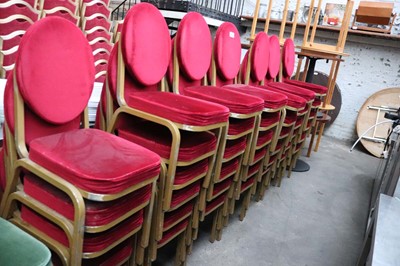 Lot 646 - 35 metal frame red fabric stacking banquet...