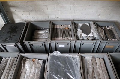 Lot 384 - 5 plastic stacking crates containing various...