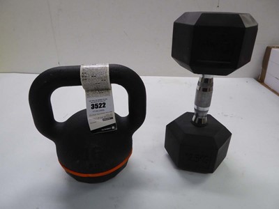 Lot 3522 - 16kg kettlebell and 12.5kg dumbbell