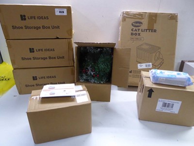 Lot 3528 - 3 shoe storage units, Xmas garland, Cat litter...