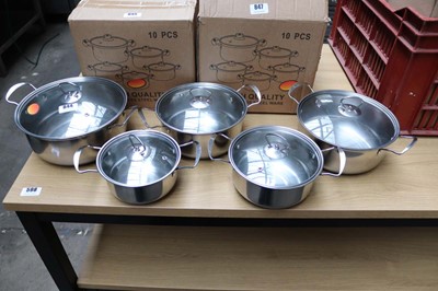 Lot 844 - Ten piece stainless steel and glass lid pan...