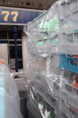 Lot 1037 - Seven stacking crates containing nine poly gin...