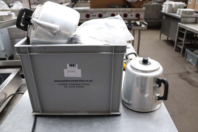 Lot 1081 - Plastic crate containing stainless steel teapots
