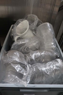 Lot 1108 - Large plastic crate containing glass water jugs