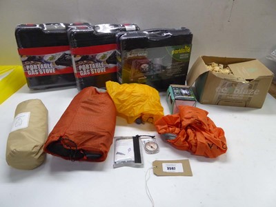 Lot 3597 - 3 portable gas stoves, Box eco blaze lighters,...