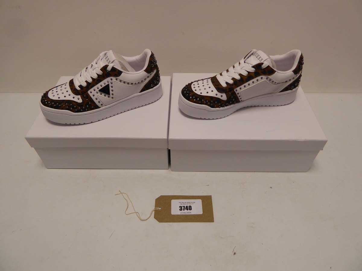 Lot 3740 - 2x Boxed pairs of Guess leopa trainers sizes...