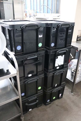 Lot 1159 - Eight 35 Litre capacity black stacking boxes
