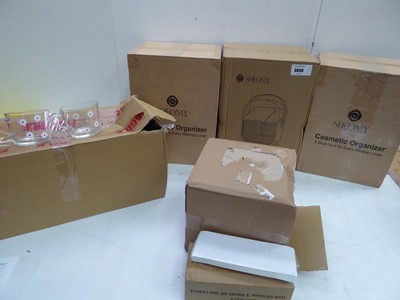 Lot 3659 - 3 cosmetic organizers, box of glass coffee...