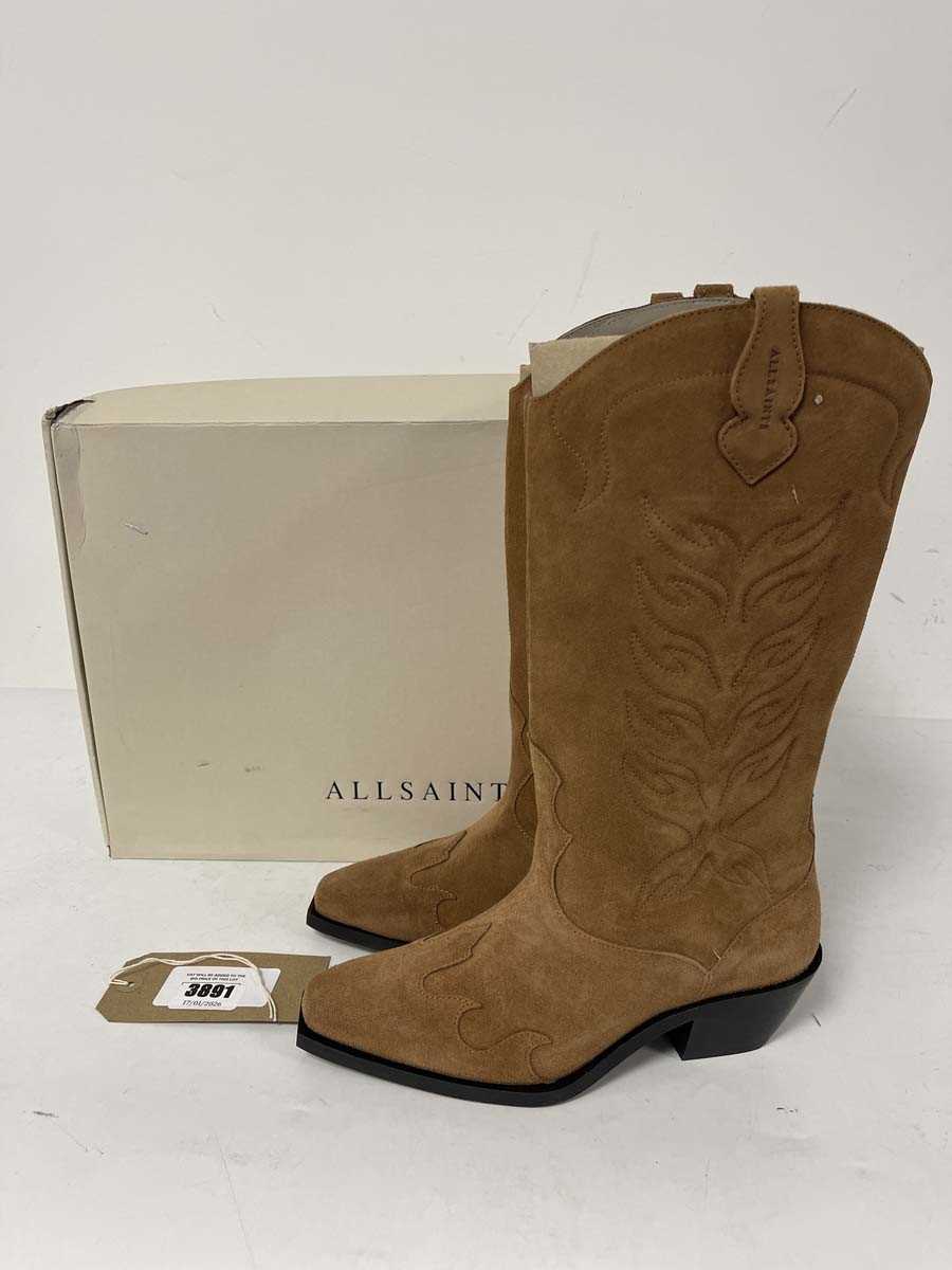 Lot 3891 - All Saints dolly suede boots in sepia brown...