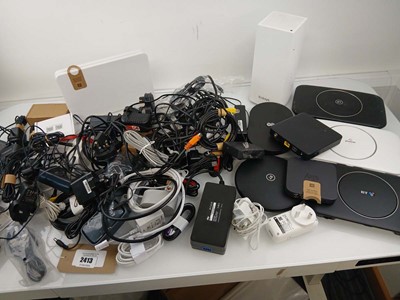 Lot 2413 - Bag of BT & other routers, PSU, cables, etc.