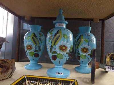 Lot 5008 - 3 hand painted blue glass vases
