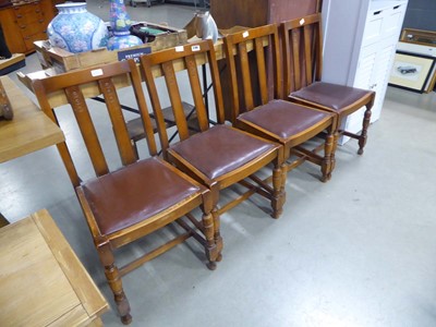 Lot 5108 - 4 stained beech dining chairs with drop in seats