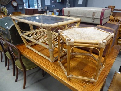Lot 5144 - Cane and glazed 2 tier coffee table plus a...