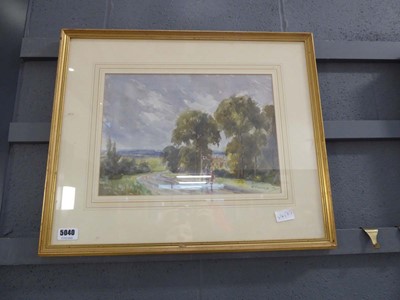 Lot 5040 - T. Stubbings watercolour, figures at bus stop