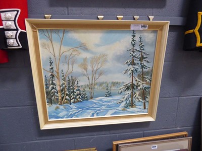 Lot 5055 - Oil on board, snowy landscape