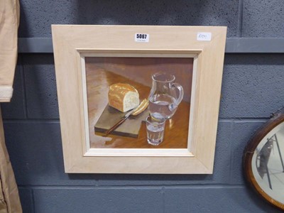 Lot 5067 - Oil on board, still life with bread, water jug...