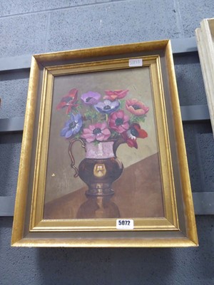 Lot 5072 - Oil on board, still life with flowers and jug