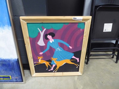 Lot 5076 - Oil on board, lady with dogs