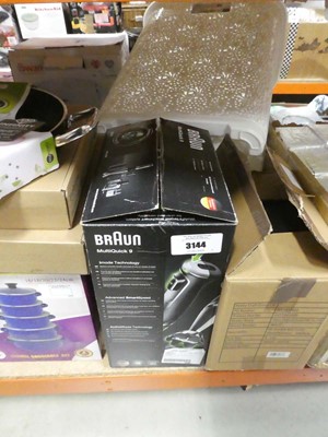 Lot 3144 - Green pan, Braun hand whisker, casserole set etc