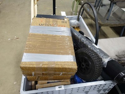 Lot 4357 - Pallet containing boxed shelving rack, roll of...