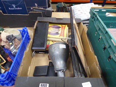 Lot 5332 - Box containing industrial desk lamp, movie and...
