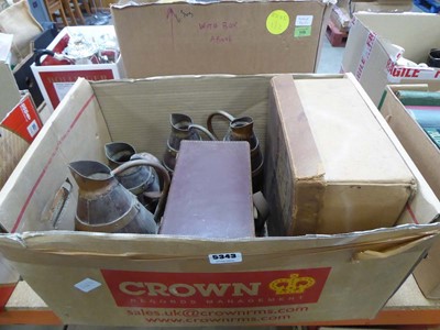 Lot 5343 - 4 oak jugs with metal bands plus 2 vintage boxes