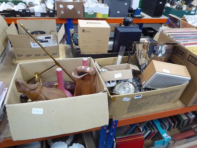 Lot 5359 - 2 boxes containing carved wood animals, brass...