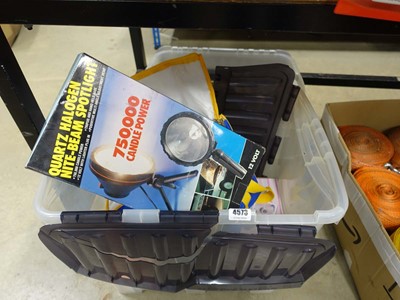 Lot 4573 - 2 boxes including spotlight, saws, spanners,...