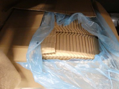 Lot 3299 - Box of folded food containers and stair gate