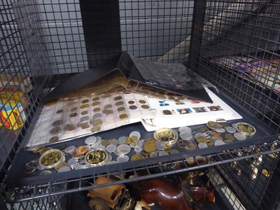 Lot 5442 - Cage containing qty of coinage and a stamp album