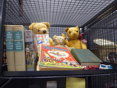 Lot 5436 - Cage containing teddy bears, Rupert annuals...