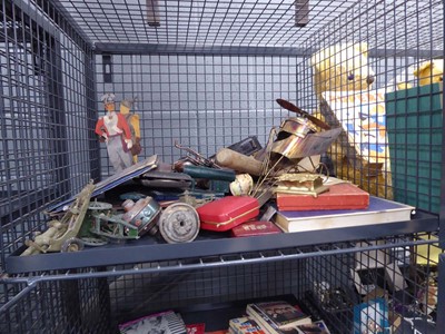 Lot 5438 - Cage containing vintage toys. plaques, costume...