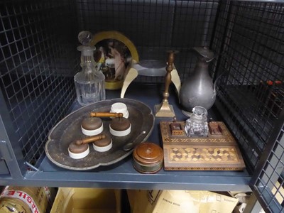 Lot 5473 - Cage containing desk tidy, pewter ware, brass...