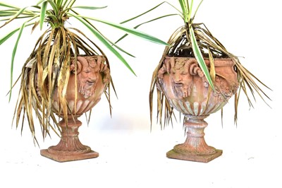 Lot 28 - A pair of terracotta planters with grotesque...