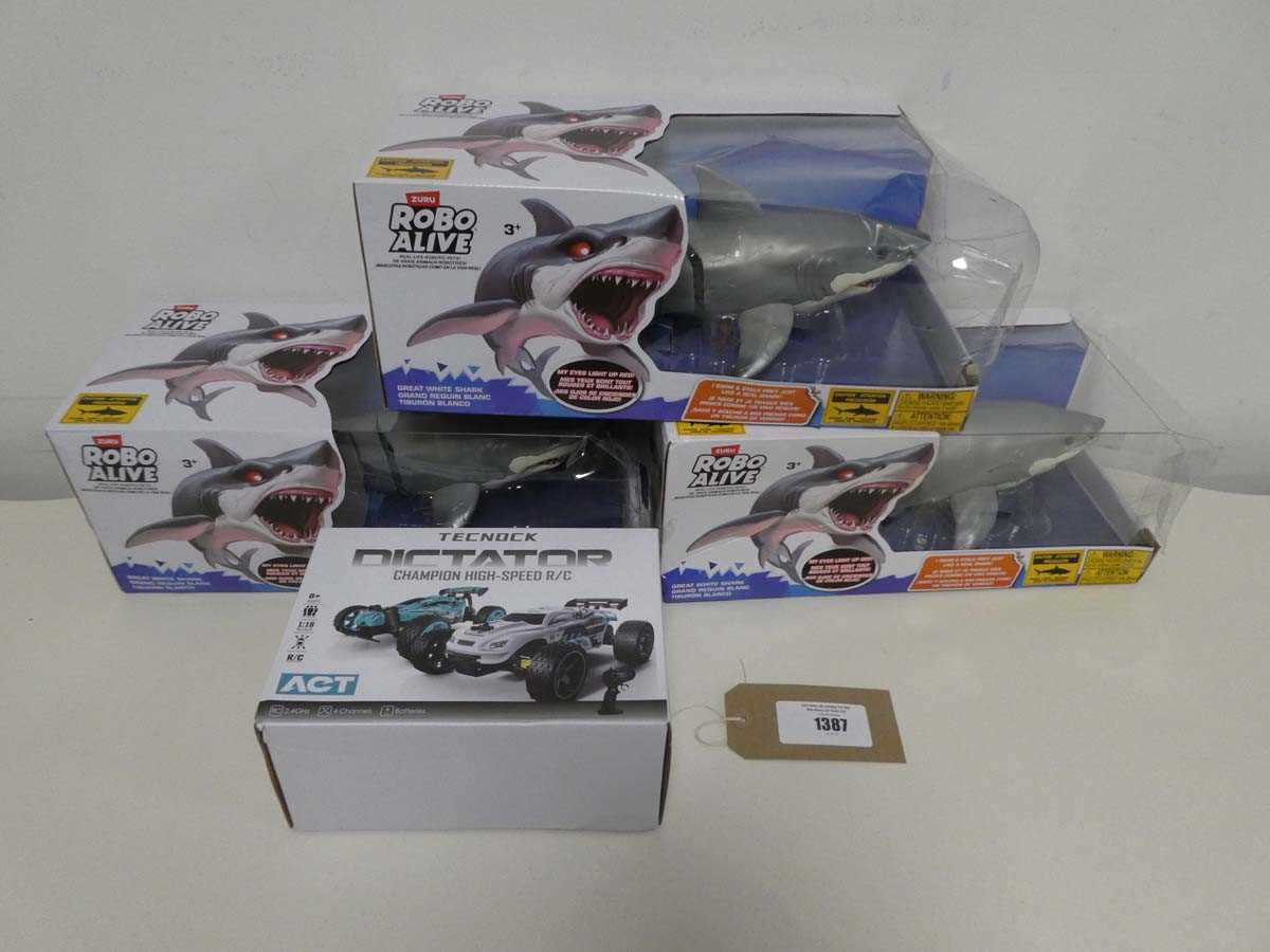 Lot 1387 - 3 Zuru Robo Alive Great White Sharks with...