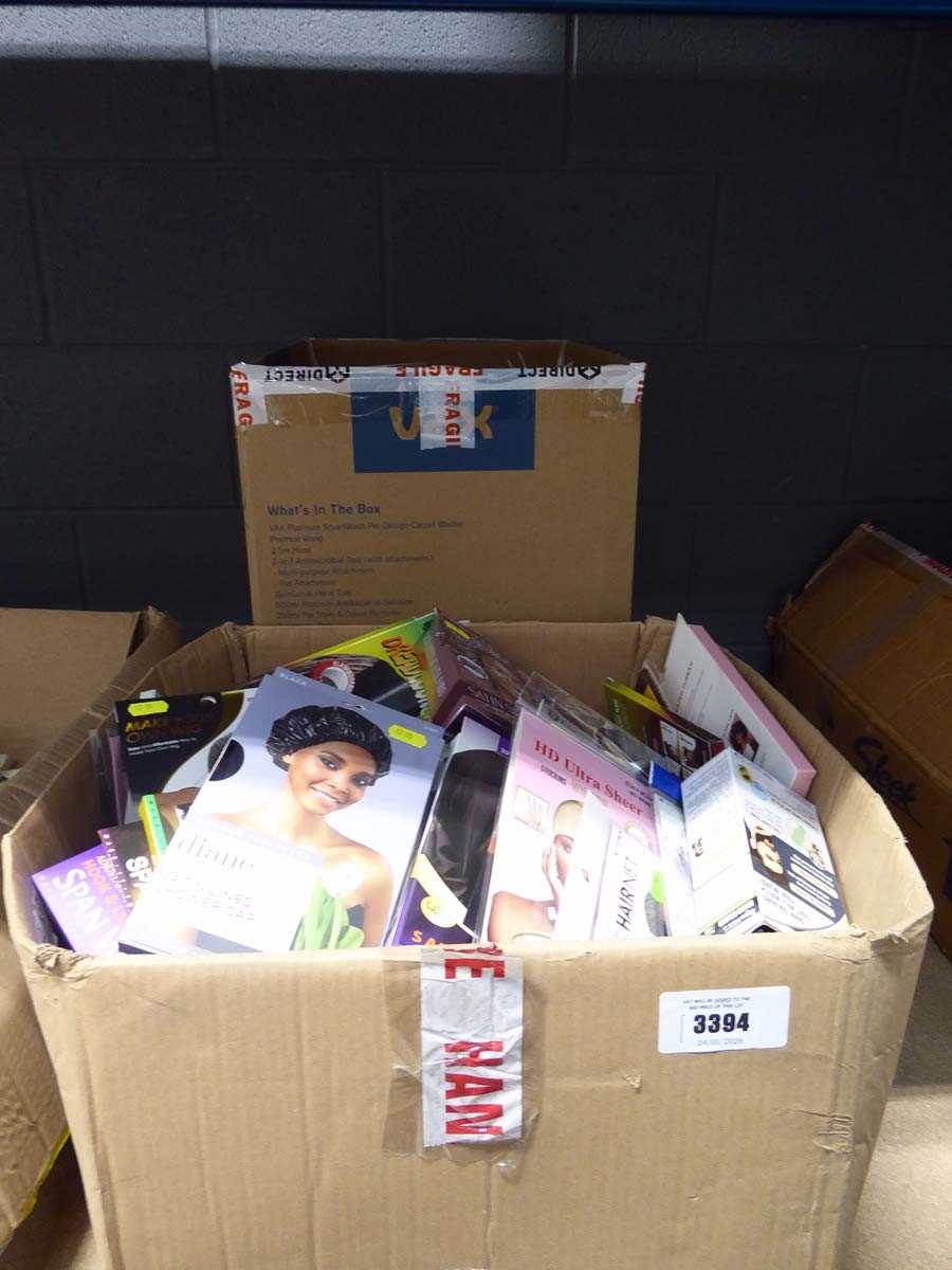 Lot 3394 - 2 large boxes of assorted hair products...