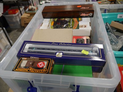 Lot 1446 - Clear plastic crate containing boxed scale...