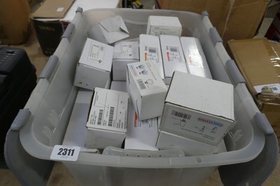 Lot 2311 - Box containing plumbing plugs, taps, etc.