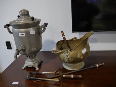 Lot 1514 - Brass fire bucket with 3 fire tools plus metal...