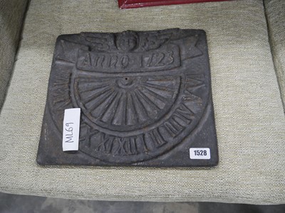 Lot 1528 - Heavy cast iron fire back bearing the text,...