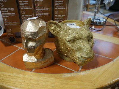 Lot 1067 - Gold finish leopard head shaped candle holder...