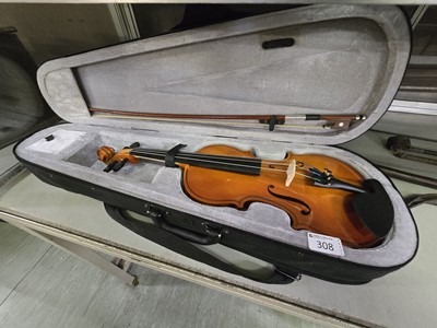 Lot 308 - A modern student violin with bow in padded case