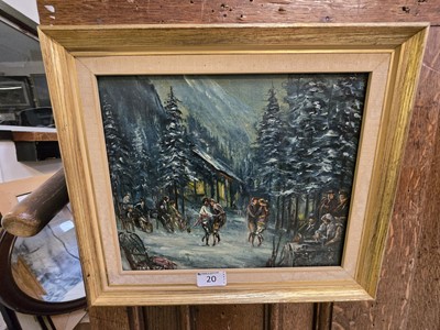 Lot 20 - Framed oil on board depicting snowy forest...
