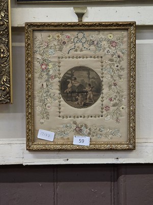 Lot 59 - A framed and glazed print of cherubs on a silk...
