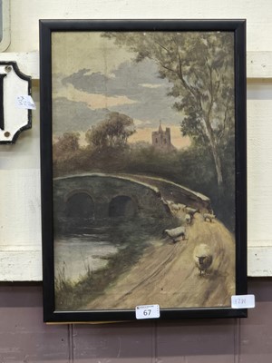 Lot 67 - A framed oil on canvas of sheep crossing bridge