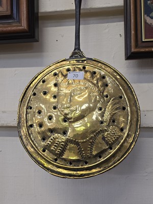 Lot 70 - A brass and cast metal bed warming pan with...